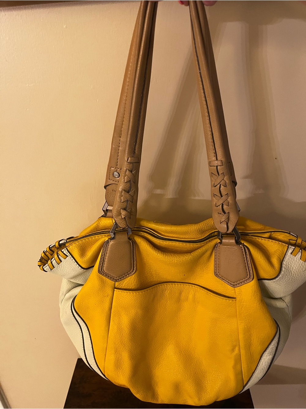 Yellow Leather Shoulder Bag with Tan Handles